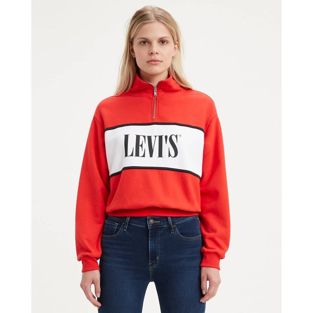 LEVI'S Half Zip Logo Sweatshirt Pullover Red Mock Neck Long Sleeve Women's M
